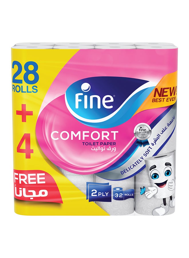 Fine Toilet Paper Tissue Comfort Sterilized For Germ Protection 180 Sheets x 2 Ply, 28 Rolls With 4 Free Rolls White  - Image 1