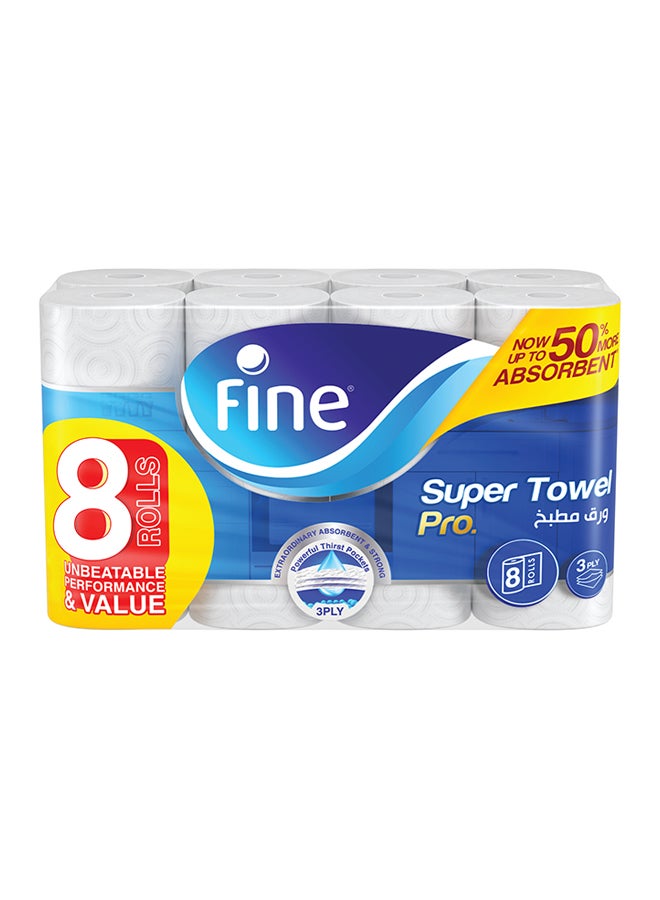 Fine Kitchen Paper Towel Super Pro, Sterilized Tissues For Germ Protection, Half Perforated 60 Sheets x 3 Ply, 8 Rolls White 26.5 x21cm  - Image 1