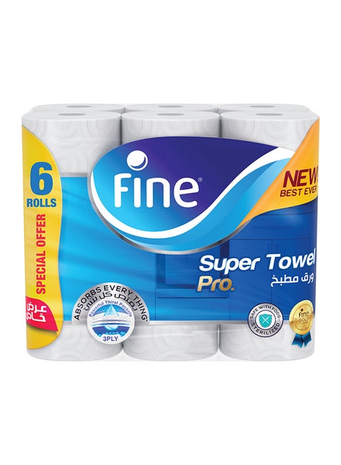 Towel Pro, Highly Absorbent, Sterilized And Half Perforated Kitchen Paper Towel, 3 Ply Pack Of 6 White