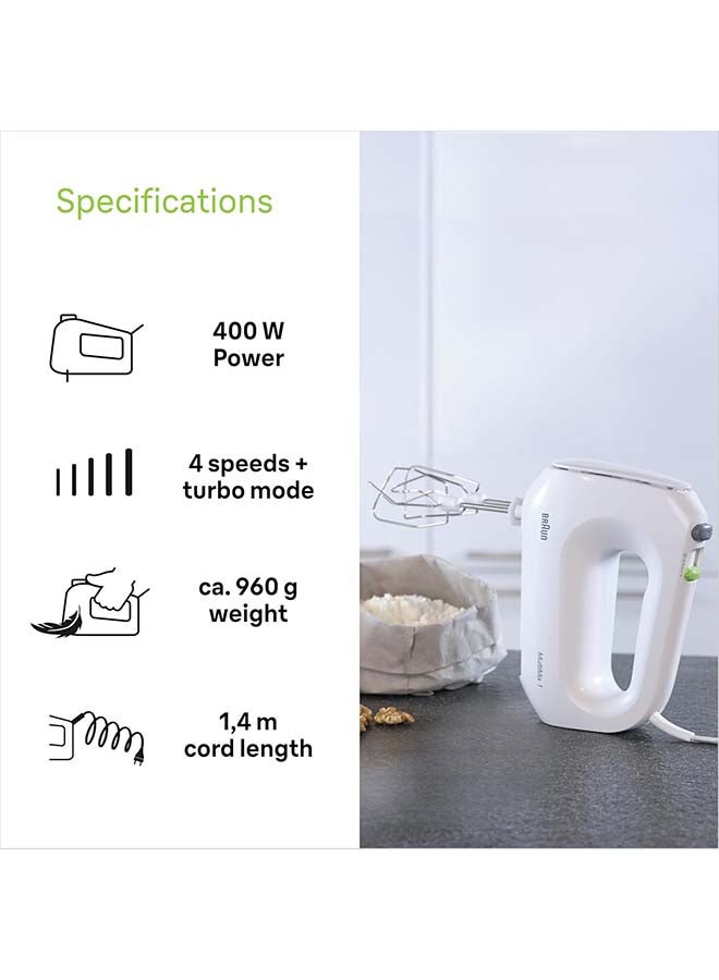 BRAUN Hand Mixer, 4 Speeds Turbo, Smart Mix, 2 Stainless Steel Whisks, 2 Stainless Steel Hooks 400 W HM1010WH White - Image 4
