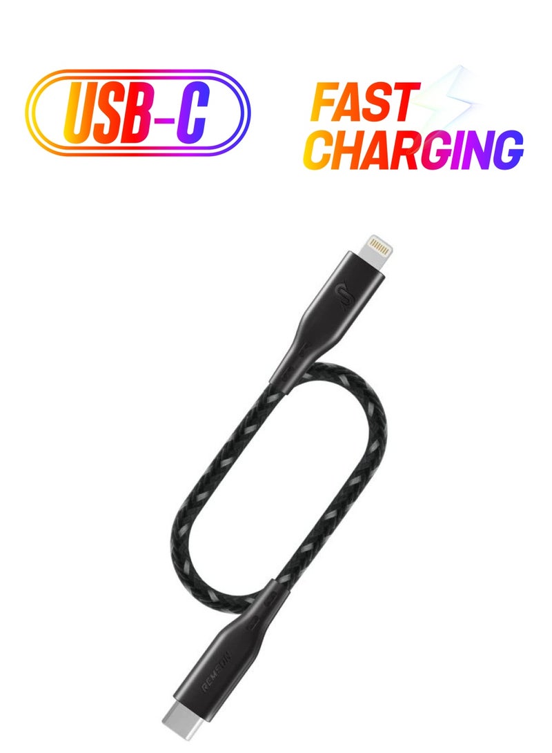Remson - Apple MFi Certified Nylon Braided USB-C To Lightning Data Sync And Charging Cable 0.3m Black - Image 1