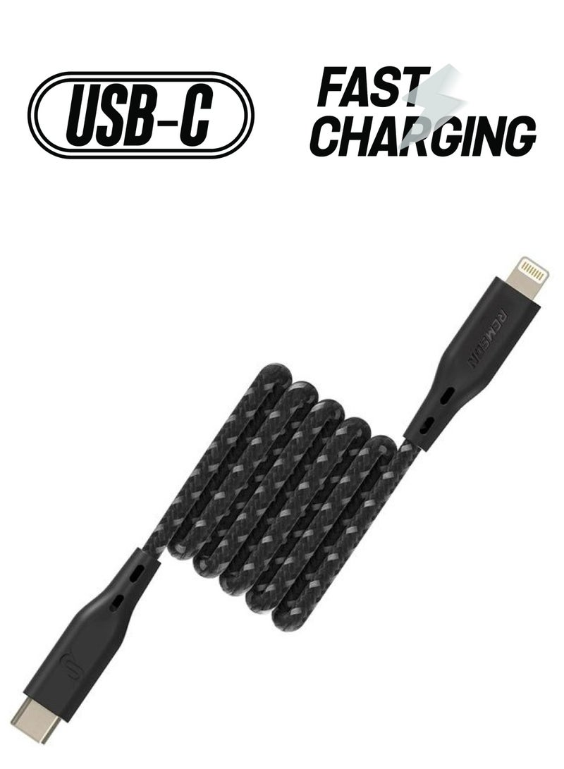 Remson Apple MFi Certified Nylon Braided USB-C To Lightning Data Sync And Charging Cable 1.2m Black - Image 1