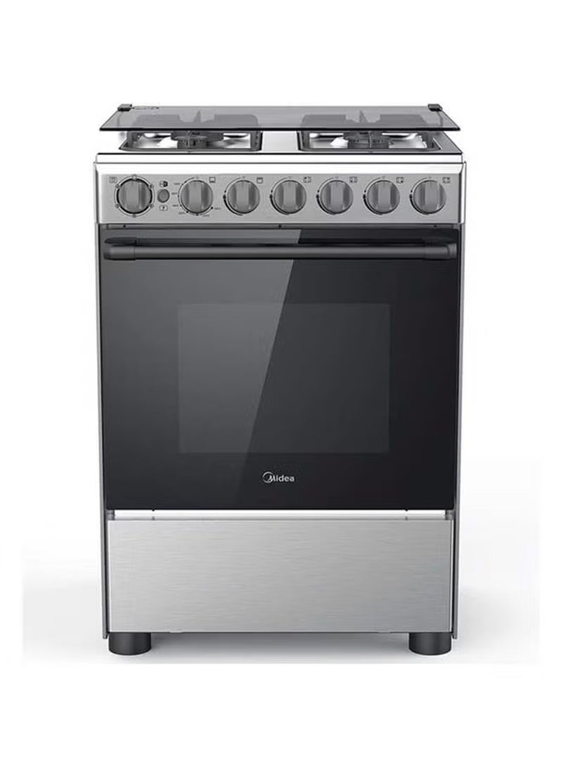 Midea 4 Burner Gas Cooker 60 x 60 cm, Full Safety, Auto Ignition, Rotisserie, Thermostat, Separate Knob for Oven and Grill,1 year Warranty BME62058FFD-D Silver/Black - Image 1
