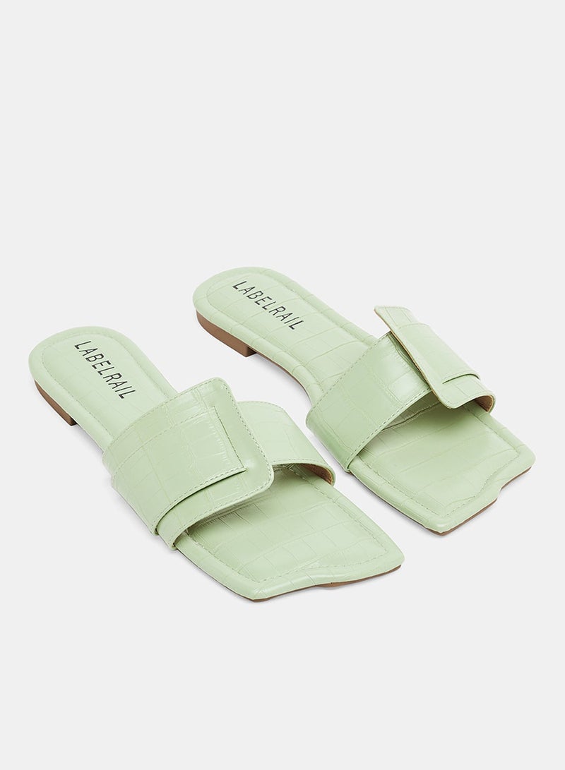 LABEL RAIL - Croc Square Flat Sandals Green - Image 1