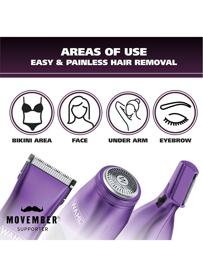 Wahl Pure Confidence Rechargeable Lady Clipper | Personal Grooming Kit with 3 Attachments (Trimmer, Detail Trimmer, Rotary Shaver) & 2 Guide Combs | 60 Minutes Runtime | Portable Design (9865-127) Purple 0.4kg