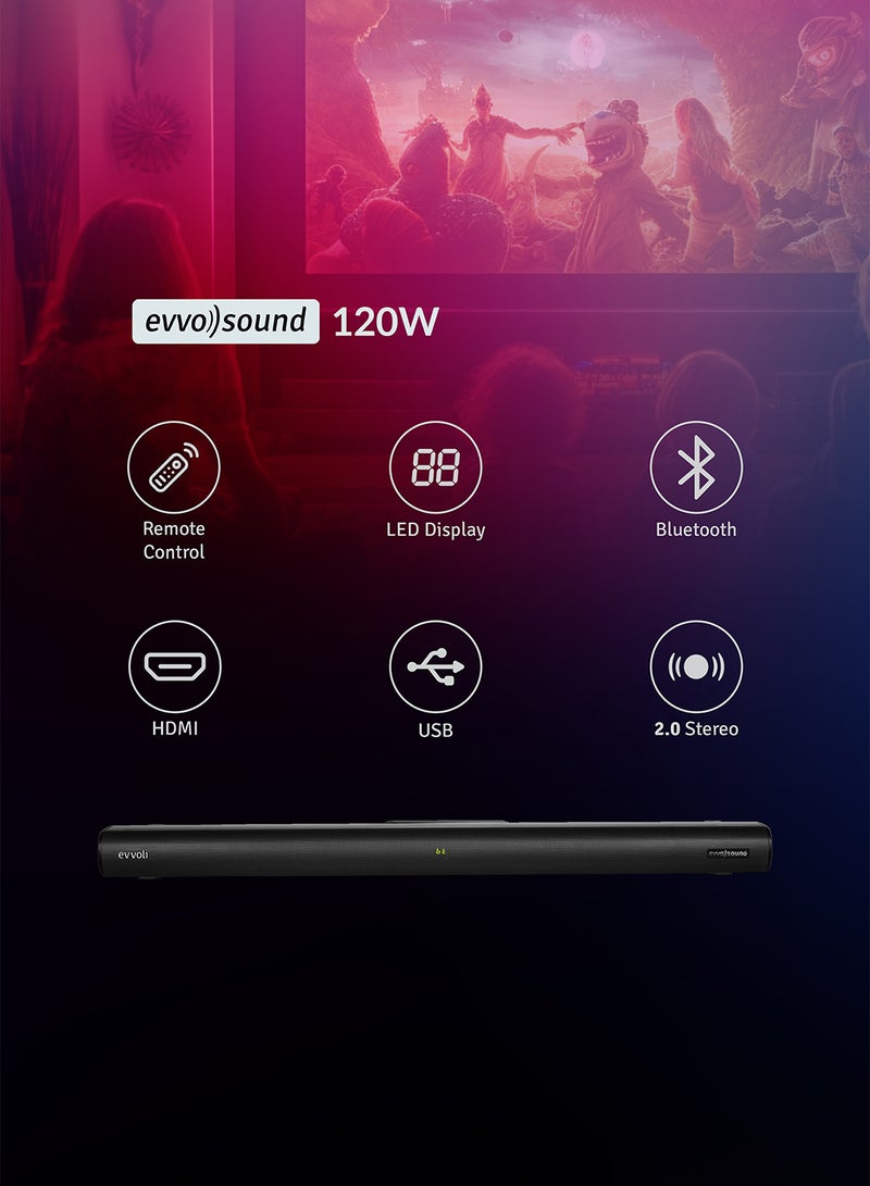 إيفولي ساوند بار 2.0 قناة مع بلوتوث وشاشة LED EVAUD-SB120B أسود  - Image 4