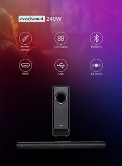 evvoli 2.1ch Soundbar With Wireless Subwofer, Bluetooth And LED Display 240W EVAUD-SB241B Black  - Image 5