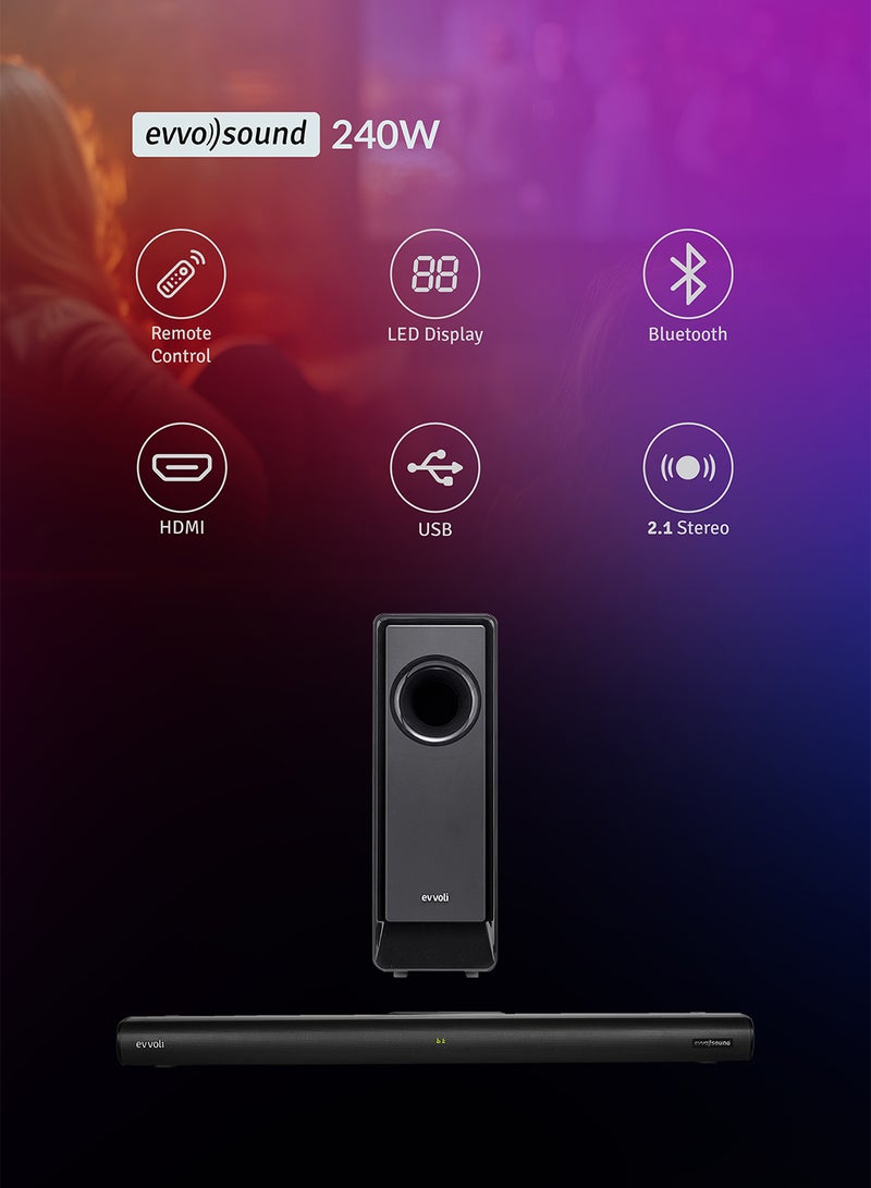 إيفولي ساوند بار 2.1 قناة مع صب ووفر لاسلكي وخاصية البلوتوث وشاشة LED EVAUD-SB241B أسود  - Image 5