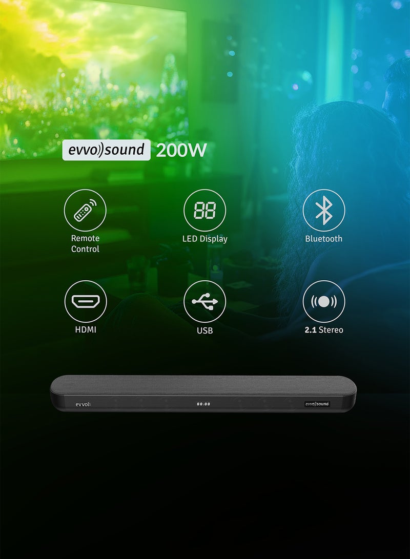 إيفولي ساوند بار 2.2 قناة مع بلوتوث وشاشة LED EVAUD-SB200B أسود  - Image 3