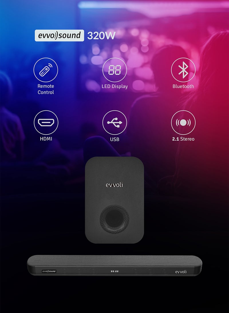 إيفولي ساوند بار 2.1 قناة مع صب ووفر لاسلكي وتقنية بلوتوث وشاشة LED EVAUD-SB321B أسود  - Image 5