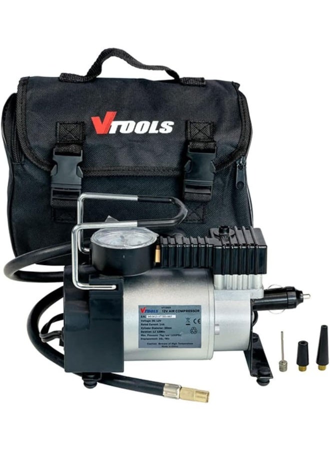 VTOOLS - 12V Portable Air Compressor Single Cylinder With 100 PSI, Tyre Inflator For Car/SUV With Auto Stop, Carrying Bag,1 Meter 4 Nozzles Silver/Black - Image 1