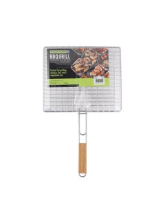 Royalford Barbeque Grill Chromium Plated Iron, RF10382 - Wooden Handle, Folding Portable BBQ Grill Basket for Fish Vegetables Shrimp, Larger Grilling Area Silver/Red 30x35x60cm  - Image 1