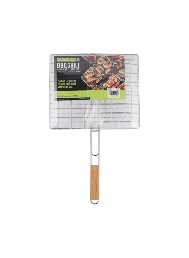Royalford Barbeque Grill Chromium Plated Iron, RF10382 - Wooden Handle, Folding Portable BBQ Grill Basket for Fish Vegetables Shrimp, Larger Grilling Area Silver/Red 30x35x60cm  - Image 1