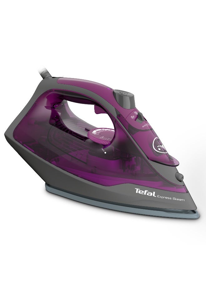 تيفال مكواة بخار سريعة، 2600 وات للتسخين السريع والكي الفعال، قاعدة سيراميك حقيقية لانزلاق سريع، تعزيز بخار 210 جم/الدقيقة، خزان مياه سهل إعادة الملء، حماية ضد التنقيط 270.0 مل 2600.0 وات FV2843M0 أرجواني/رمادي 270 ml 2600 W FV2843M0 الأرجواني / الرمادي - Image 1