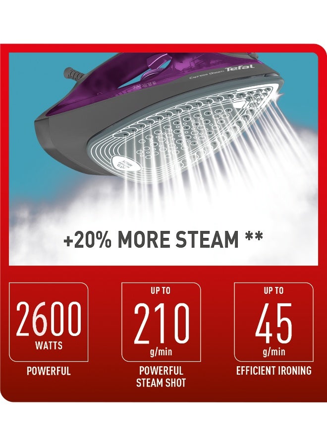 تيفال مكواة بخار سريعة، 2600 وات للتسخين السريع والكي الفعال، قاعدة سيراميك حقيقية لانزلاق سريع، تعزيز بخار 210 جم/الدقيقة، خزان مياه سهل إعادة الملء، حماية ضد التنقيط 270.0 مل 2600.0 وات FV2843M0 أرجواني/رمادي 270 ml 2600 W FV2843M0 الأرجواني / الرمادي - Image 2