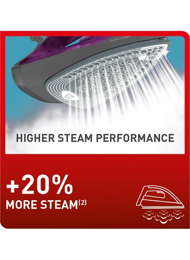 تيفال مكواة بخار سريعة، 2600 وات للتسخين السريع والكي الفعال، قاعدة سيراميك حقيقية لانزلاق سريع، تعزيز بخار 210 جم/الدقيقة، خزان مياه سهل إعادة الملء، حماية ضد التنقيط 270.0 مل 2600.0 وات FV2843M0 أرجواني/رمادي 270 ml 2600 W FV2843M0 الأرجواني / الرمادي - Image 3