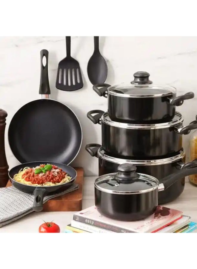 بينتولا بنتولا طقم أواني طبخ 12 قطعة ألمنيوم غير لاصق مع أغطية زجاج لون أسود 24x11سم - Image 1