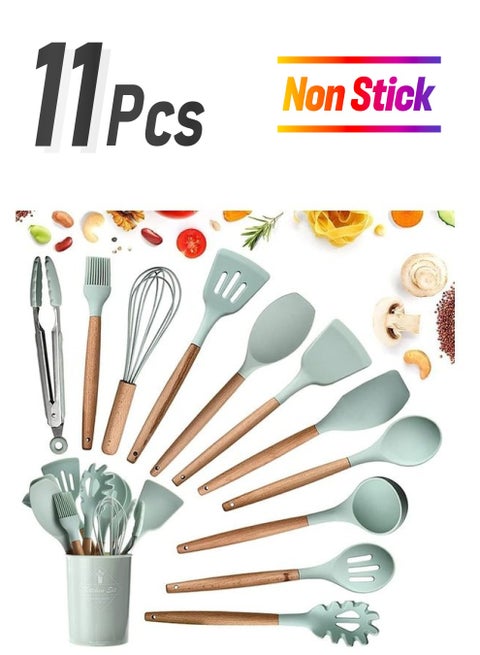 11-Piece Non-Stick Silicone Cooking Utensils Set Mint Green 12.5x12.5x33cm