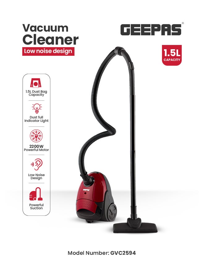 Vacuum Cleaner With Dust Bag/Powerful Suction/Dust Full Indicator/Flexible Hose With Airflow On Handle 1.5 L 2200 W GVC2594 Red/Black 