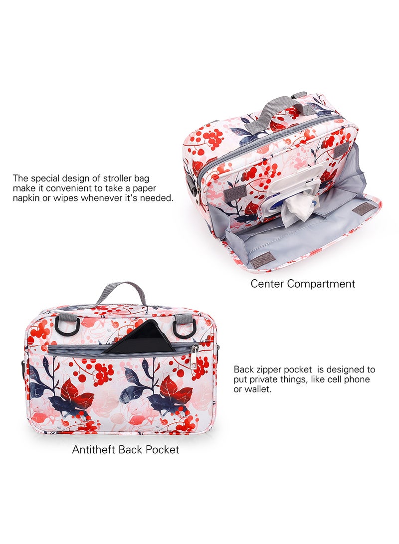ليتيل ستوري طقم حقيبة لحفاضات الأطفال، مناسبة للأمهات، وحملها في السفر، ولعربة الأطفال، مزودة بحزام كتف، وخطافات للتعليق على عربة الأطفال، حقيبة محمولة مناسبة لجميع أدوات الأطفال ومستلزماتهم - بلون زهري مزين بطبعة أزهار زهور وردي - Image 2
