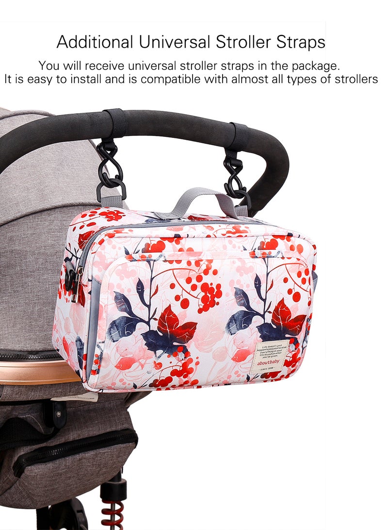 ليتيل ستوري طقم حقيبة لحفاضات الأطفال، مناسبة للأمهات، وحملها في السفر، ولعربة الأطفال، مزودة بحزام كتف، وخطافات للتعليق على عربة الأطفال، حقيبة محمولة مناسبة لجميع أدوات الأطفال ومستلزماتهم - بلون زهري مزين بطبعة أزهار زهور وردي - Image 4