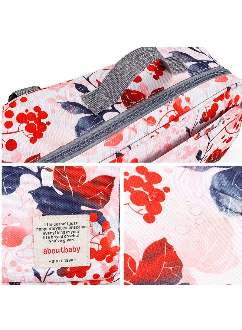 ليتيل ستوري طقم حقيبة لحفاضات الأطفال، مناسبة للأمهات، وحملها في السفر، ولعربة الأطفال، مزودة بحزام كتف، وخطافات للتعليق على عربة الأطفال، حقيبة محمولة مناسبة لجميع أدوات الأطفال ومستلزماتهم - بلون زهري مزين بطبعة أزهار زهور وردي - Image 5