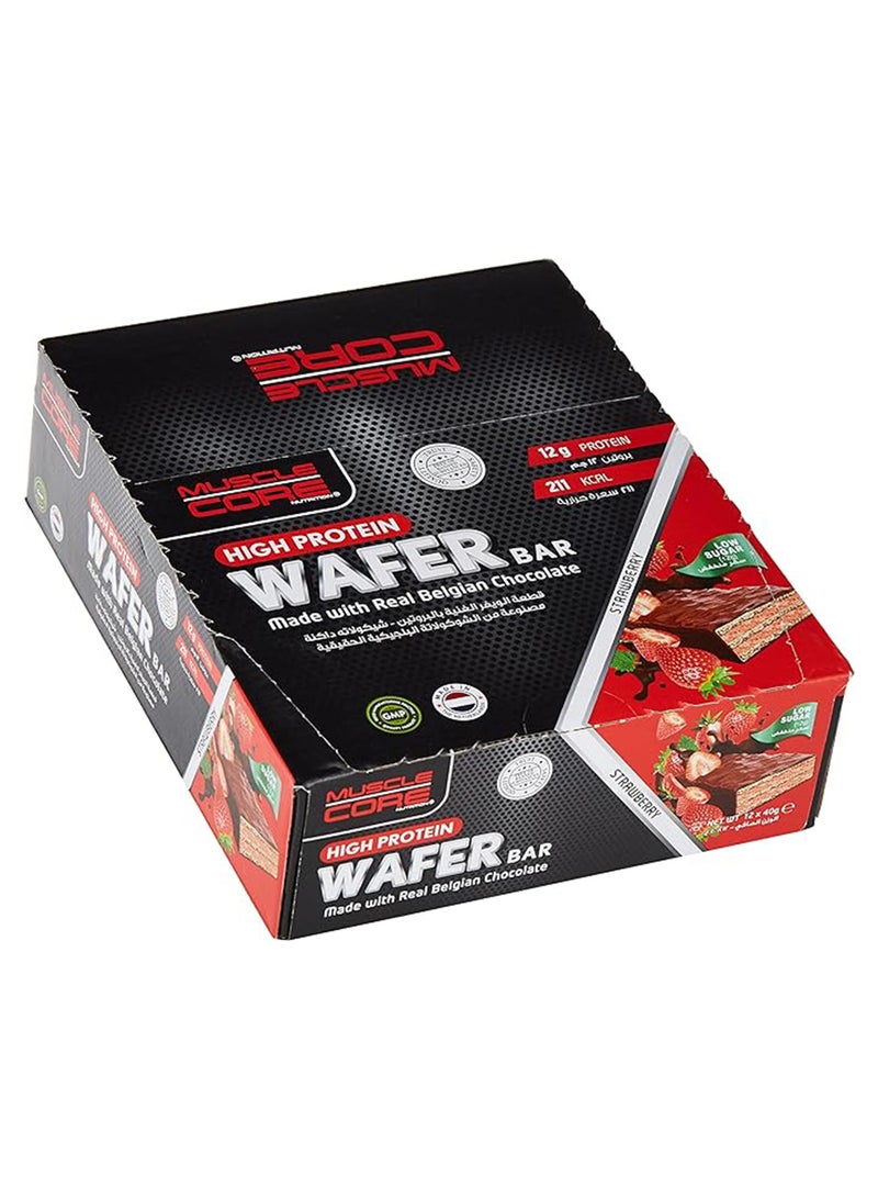 ماسل كور رقاقة ويفر غنية بالبروتين مصنوعة من شوكولاتة بلجيكية حقيقية بنكهة الفراولة 12 جرام بروتين 211 سعرة حرارية عبوة من 12 قطعة 40 جرام - Image 1