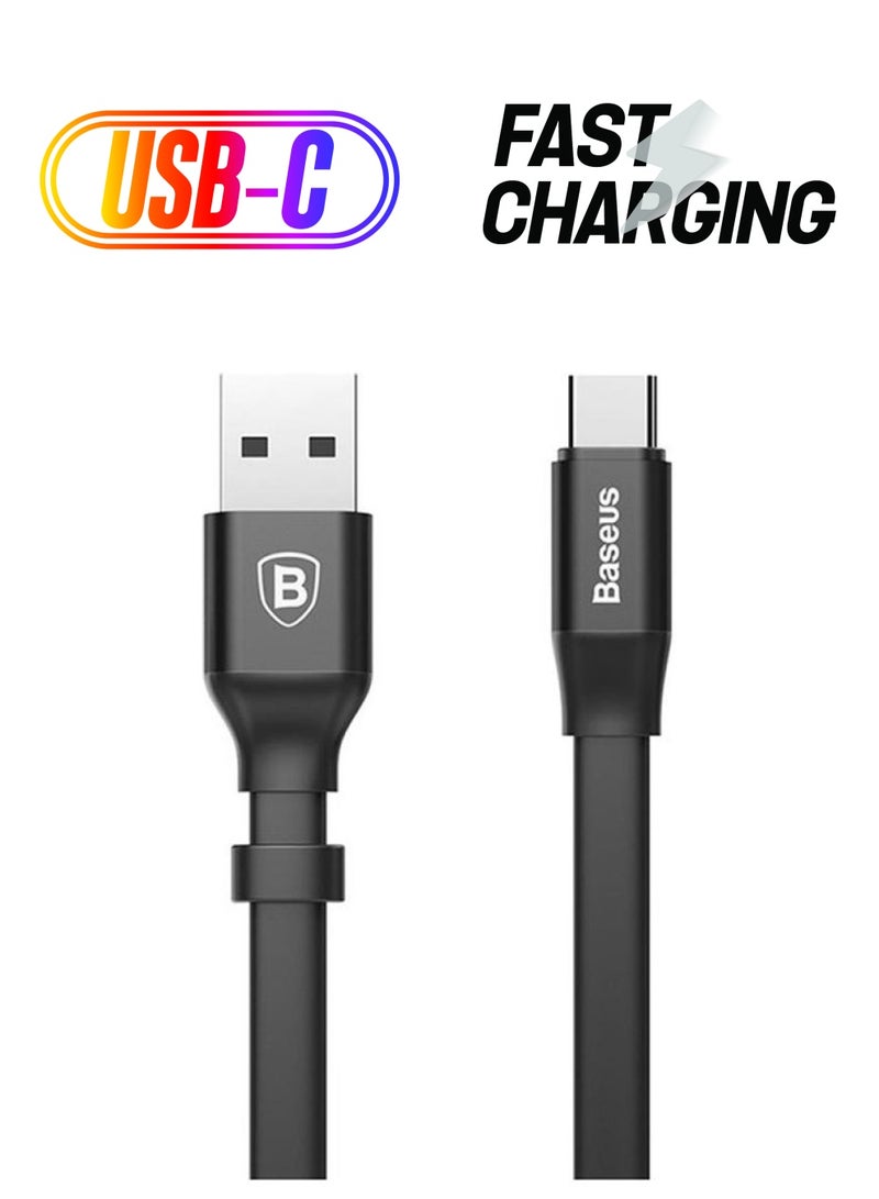 Baseus Nimble USB-A to Type-C Flat Cable 23cm- Ultra Portable Compatible for Samsung S21 S20 S9 Note 20 10 Huawei P30 P20 Lite Mate 20 Pro P20 LG G5 G6 Xiaomi Mi 11 Ultra A2 etc. Black - Image 1