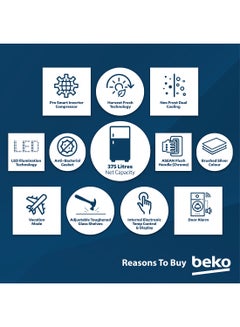 Beko Refrigerator 409 Liters Gross(375 Net) Capacity, Double Door, Top Mount, No Frost, Harvest Fresh Technology, NeoFrost Dual Cooling, Low Noise, CoolRoom, 10 Years Warranty on ProSmart Inverter Compressor RDNT401XS Grey/Silver  - Image 5