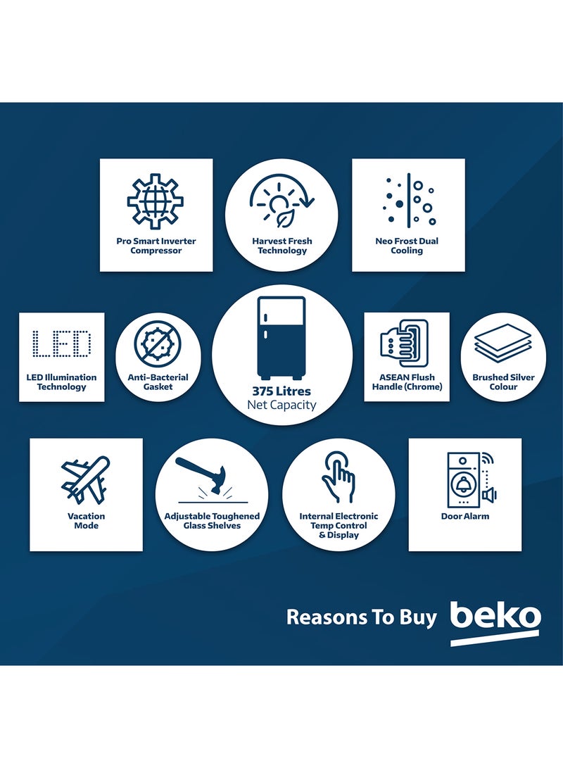 Beko - Refrigerator 409 Liters Gross(375 Net) Capacity, Double Door, Top Mount, No Frost, Harvest Fresh Technology, NeoFrost Dual Cooling, Low Noise, CoolRoom, 10 Years Warranty on ProSmart Inverter Compressor RDNT401XS Grey/Silver - Image 1