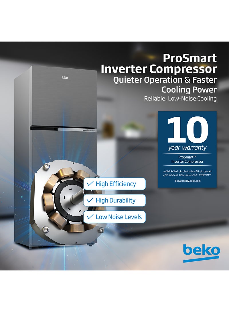 Beko - Refrigerator 409 Liters Gross(375 Net) Capacity, Double Door, Top Mount, No Frost, Harvest Fresh Technology, NeoFrost Dual Cooling, Low Noise, CoolRoom, 10 Years Warranty on ProSmart Inverter Compressor RDNT401XS Grey/Silver - Image 1