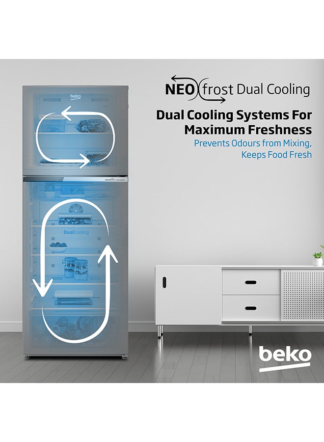 Refrigerator 409 Liters Gross(375 Net) Capacity, Double Door, Top Mount, No Frost, Harvest Fresh Technology, NeoFrost Dual Cooling, Low Noise, CoolRoom, 10 Years Warranty on ProSmart Inverter Compressor RDNT401XS Grey/Silver