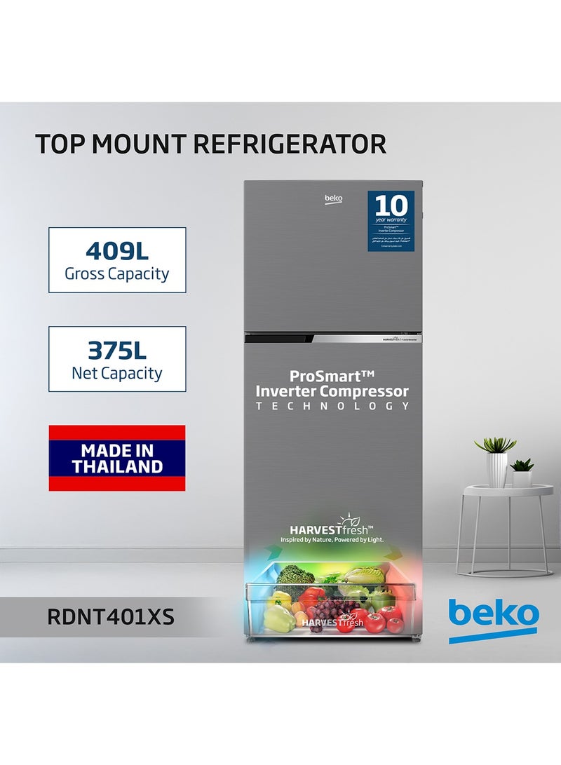 Beko 409L Gross (375L Net) Capacity, Double Door Refrigerator, Top Mount, No Frost, Harvest Fresh Technology, NeoFrost Dual Cooling, Low Noise, CoolRoom, 10 Years Warranty on ProSmart Inverter Compressor, Made in Thailand RDNT401XS Grey/Silver - Image 1