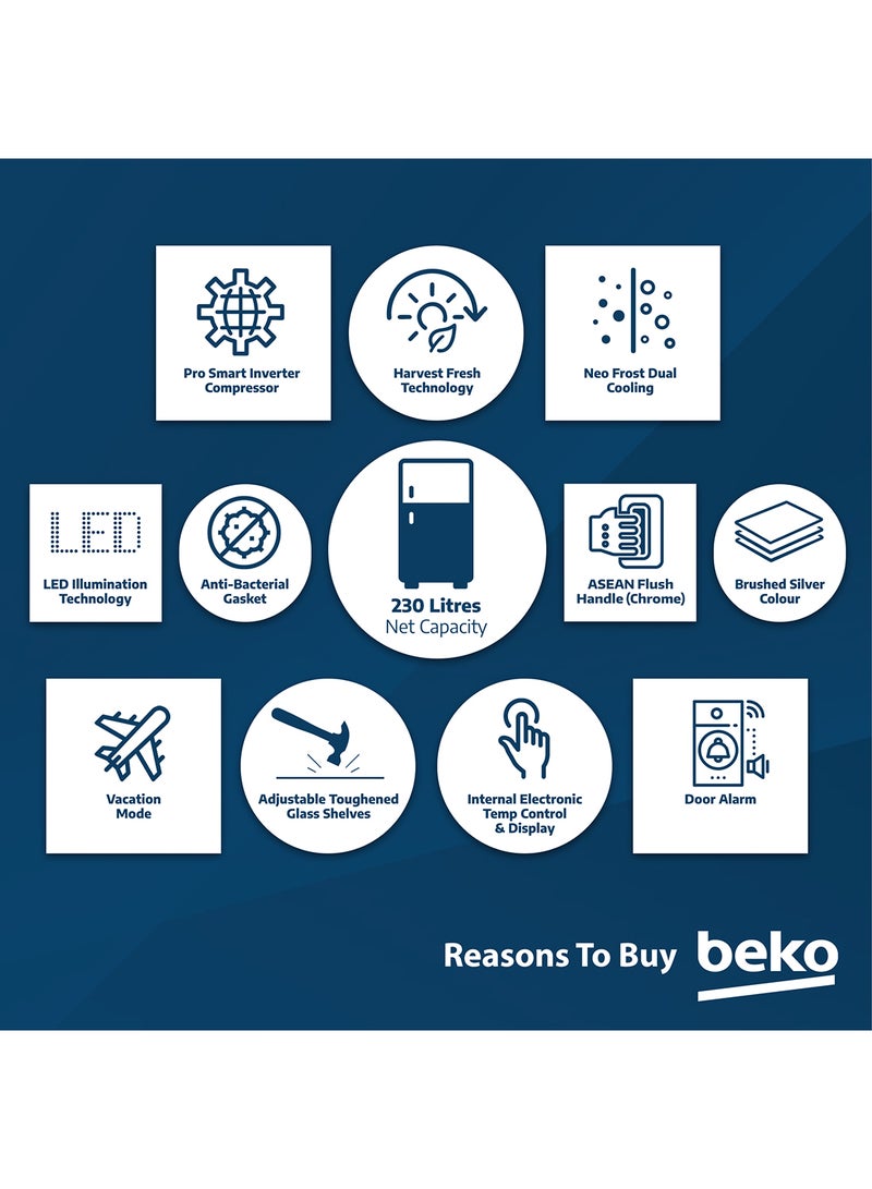 Beko - Refrigerator 250 Liters Gross(162 Net) Capacity, Double Door, Top Mount, No Frost, Harvest Fresh Technology, NeoFrost Dual Cooling, Low Noise, 10 Years Warranty on ProSmart Inverter Compressor RDNT300XS Grey - Image 1
