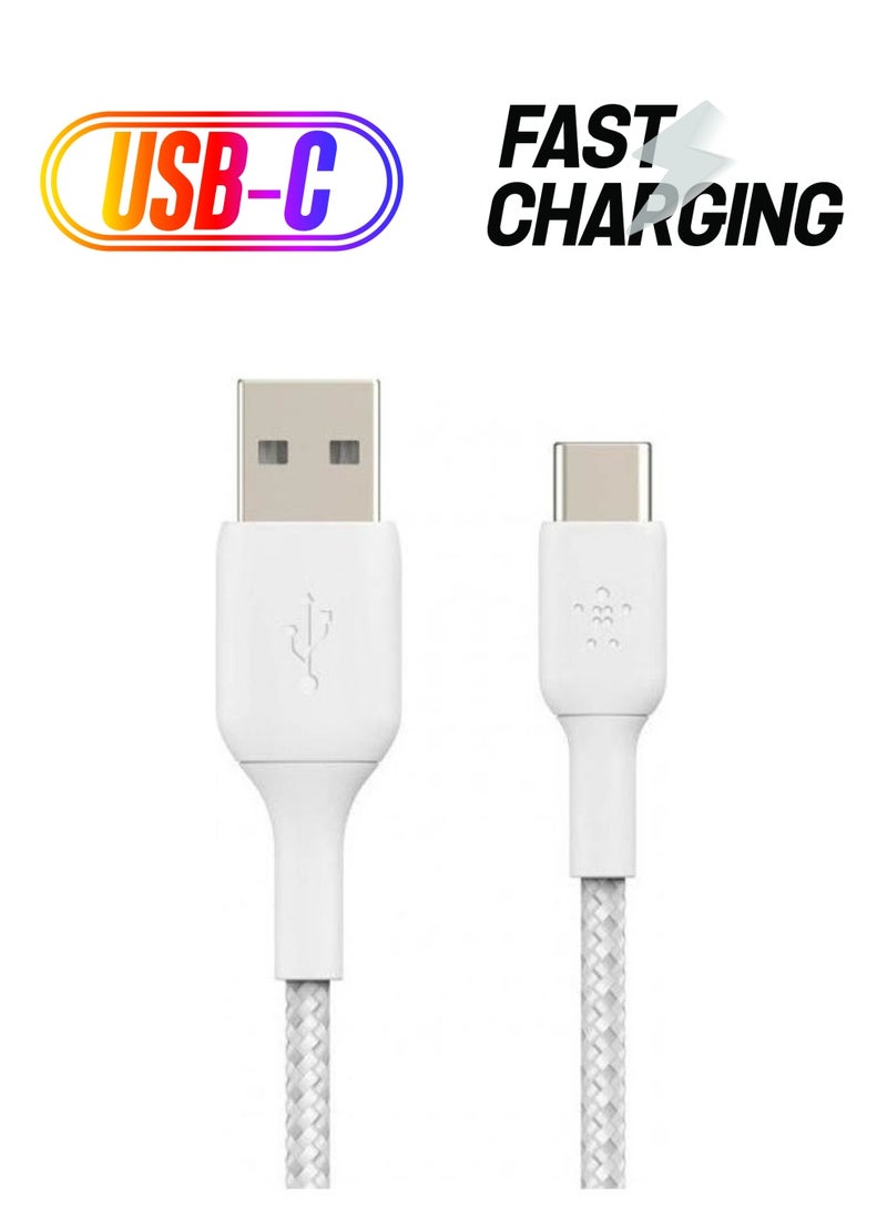 belkin BoostCharge Braided USB type C cable USB C To USB A cable USB C charger cable For iPhone 15 Samsung Galaxy S24 Google Pixel iPad MacBook NIntendo Switch And more   1m White White 