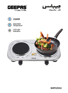 GEEPAS Stainless Steel Double Hot Plate Indicator Light Adjustable Temperature Control Overheat Protection Non-Slip Feet Auto Thermostat Hot Plate for Kitchen Camping 2500 W GHP32024 Silver  - Image 1