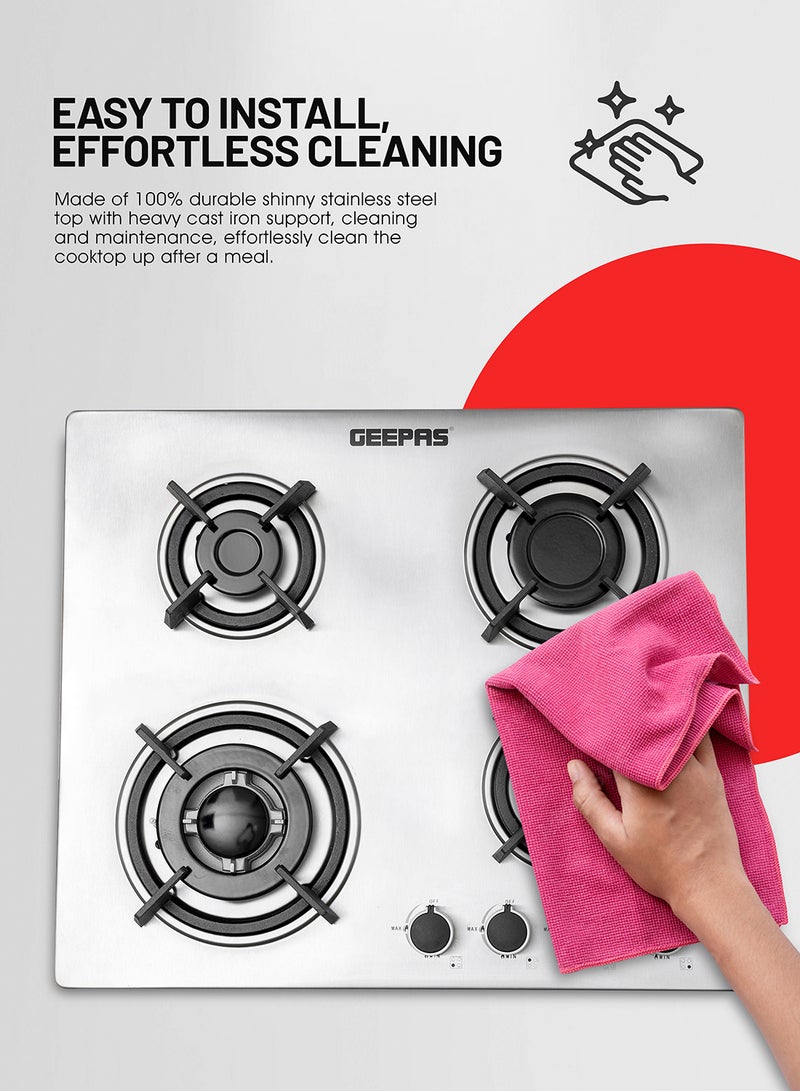 GEEPAS - 2-in-1 Built-in Gas Hob, Shiny Stainless Steel Top Panel| Sabaf Burners | Cast Iron Pan Support | Automatic-Ignition System| Low Gas Consumption | 4 Control Knobs, Easy To Install GGC31026 Silver - Image 1