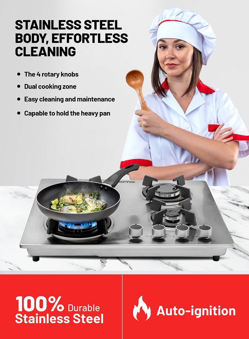 GEEPAS - 2-in-1 Built-in Gas Hob, Shiny Stainless Steel Top Panel| Sabaf Burners | Cast Iron Pan Support | Automatic-Ignition System| Low Gas Consumption | 4 Control Knobs, Easy To Install GGC31026 Silver - Image 1