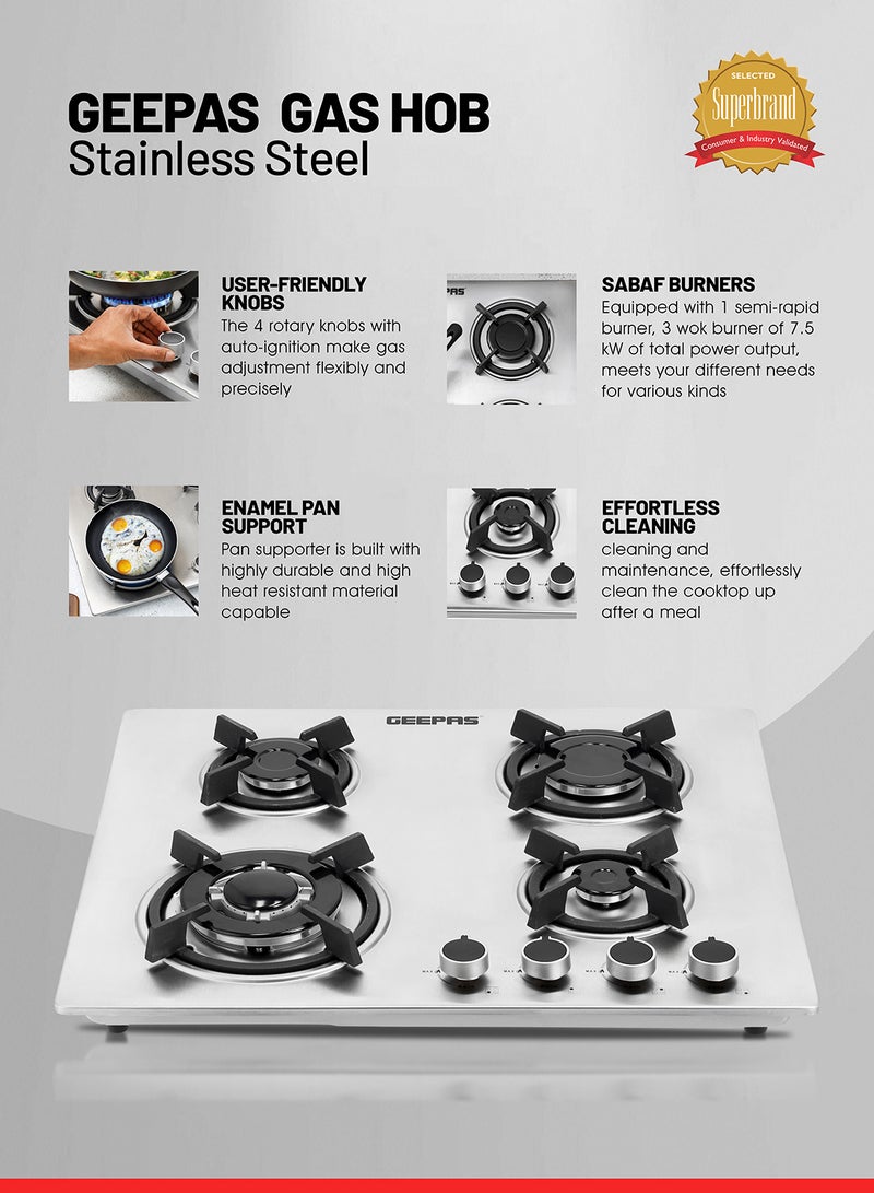 GEEPAS - 2-in-1 Built-in Gas Hob, Shiny Stainless Steel Top Panel| Sabaf Burners | Cast Iron Pan Support | Automatic-Ignition System| Low Gas Consumption | 4 Control Knobs, Easy To Install GGC31026 Silver - Image 1