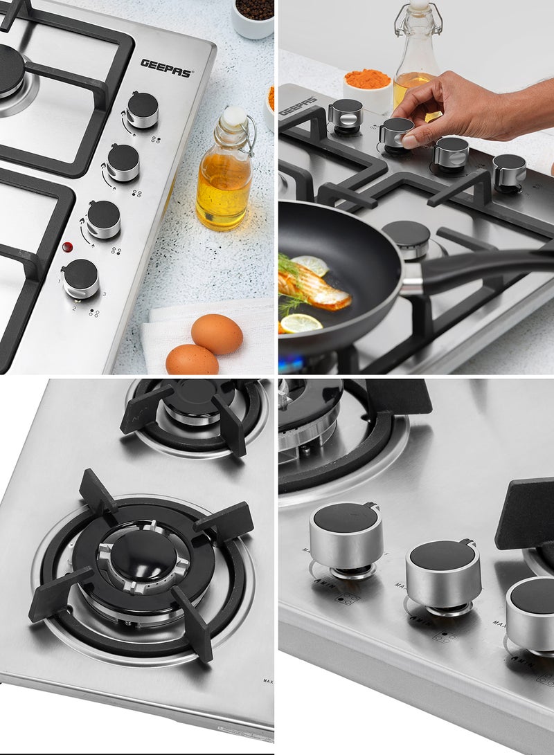GEEPAS - 2-in-1 Built-in Gas Hob, Shiny Stainless Steel Top Panel| Sabaf Burners | Cast Iron Pan Support | Automatic-Ignition System| Low Gas Consumption | 4 Control Knobs, Easy To Install GGC31026 Silver - Image 1