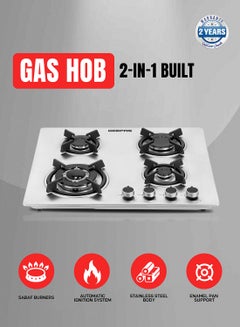 2-in-1 Built-in Gas Hob, Shiny Stainless Steel Top Panel| Sabaf Burners | Cast Iron Pan Support | Automatic-Ignition System| Low Gas Consumption | 4 Control Knobs, Easy To Install GGC31026 Silver