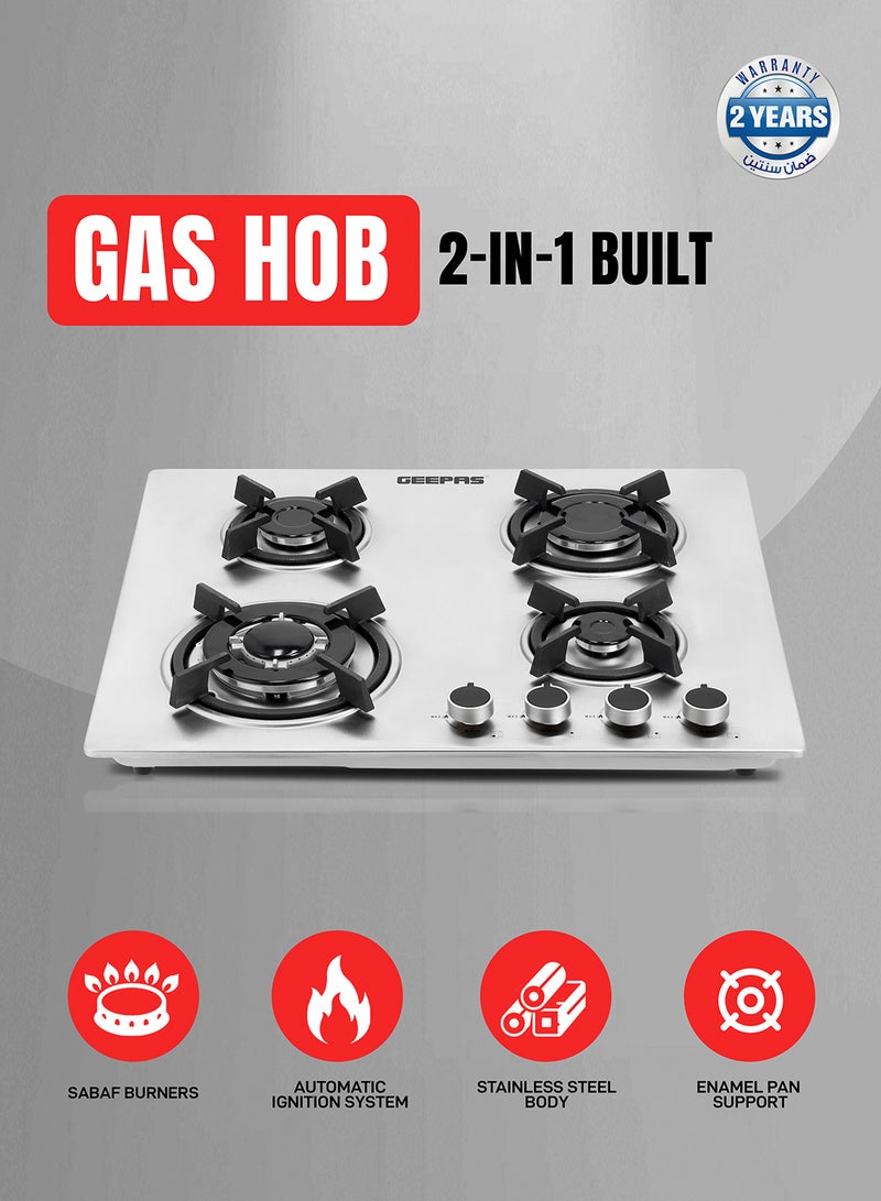 GEEPAS - 2-in-1 Built-in Gas Hob, Shiny Stainless Steel Top Panel| Sabaf Burners | Cast Iron Pan Support | Automatic-Ignition System| Low Gas Consumption | 4 Control Knobs, Easy To Install GGC31026 Silver - Image 1