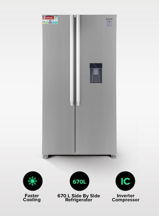 670L Gross/521L Net Capacity No Frost Side By Side Refrigerator| With Invertor Compressor, Digital Control Temperature Display, Water Dispensor, 4 Cooling Modes, Tempered Glass Shelves, Twist Ice Maker, Inside Condensor, Freezer- 177L capacity 670 L 150 W GRFS6622SWXHN Silver - pnsku/N51836241A/45/_/1732777114/c9dcd30e-0f35-423f-8cec-79d337b1c506