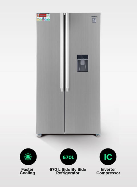 670L Gross/521L Net Capacity No Frost Side By Side Refrigerator| With Invertor Compressor, Digital Control Temperature Display, Water Dispensor, 4 Cooling Modes, Tempered Glass Shelves, Twist Ice Maker, Inside Condensor, Freezer- 177L capacity 670 L 150 W GRFS6622SWXHN Silver