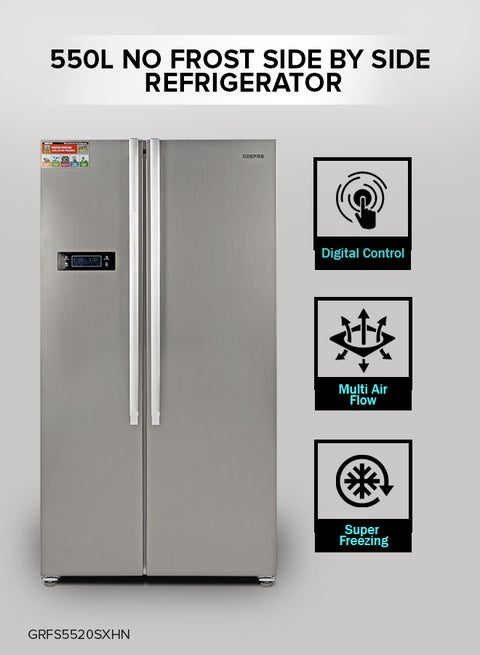 550L Gross/436L Net Capacity No Frost Side By Side Refrigerator| With Multi air Flow, Digital Control Temperature Display, Inverter Compresspr, Tempered glass Shelves, Twist Ice Maker, 4 Cooling Modes, Door Open Alarm, Freezer- 145L capacity GRFS5520SXHN Silver