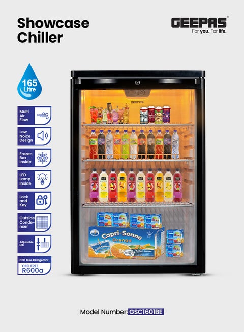 CFC Free Showcase Chiller with Compact Handle and Adjustable Thermostat 165 L 550 W GSC1601BE Black