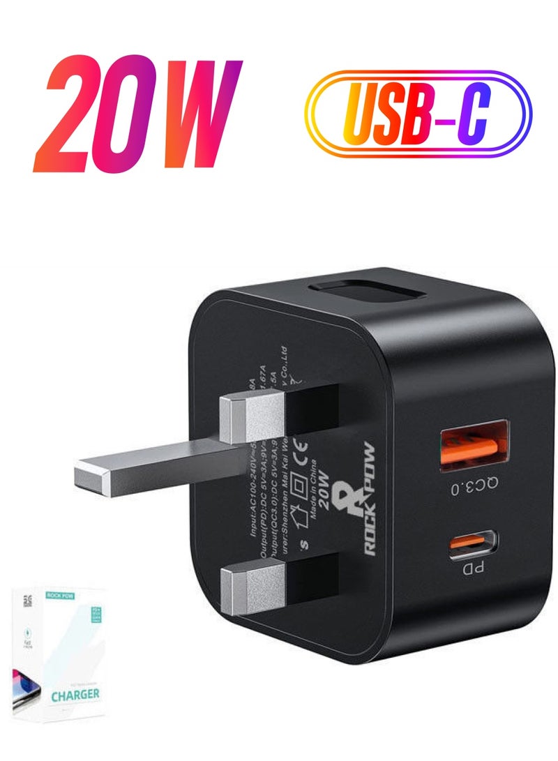 Rock Pow 20W UK Adapter Type C USB-C Plug Fast Charger Fast Charging for iPhone 13/13 Mini/13 Pro/13 Pro Max/12/12 Pro/12 Pro Max/12 Mini/SE 2020/11/11 Pro Max,iPad Air 4 Black  - Image 1