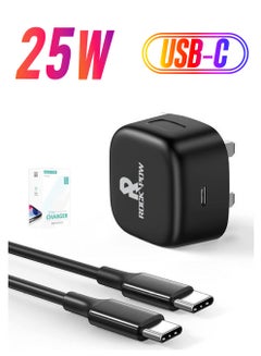روك بو محول شحن سريع للحائط PD 25 وات من النوع C مع كابل USB C متوافق مع Samsung S21/S21+/S21 Ultra/S20/Note20/Note10/S9/S8/، iPad Pro، Air 4، iPad Mini 6 أسود لون أسود.  - Image 1