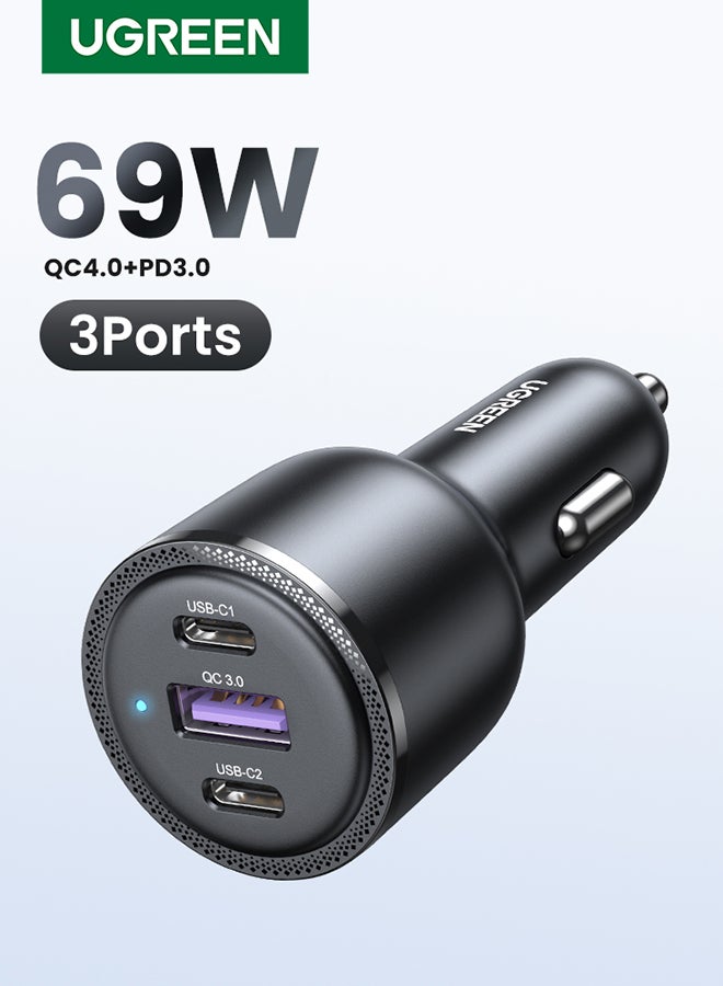 Ugreen 69W Fast USB C Car Charger Adapter 3 Ports Car Mobile Phone Fast Charging Socket Plug Laptop Car Charger Compatible With iPhone 16 15 Pro Max MacBook Pro Air Samsung S24 S23 Ultra Xiaomi Airpods Black 