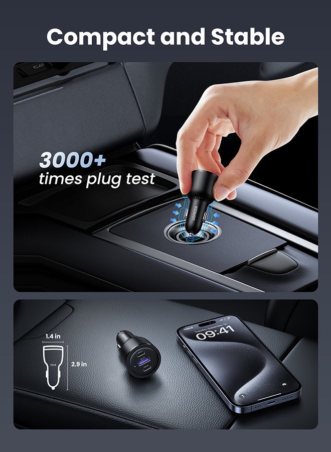Ugreen - 69W Fast USB C Car Charger Adapter 3 Ports Car Mobile Phone Fast Charging Socket Plug Laptop Car Charger Compatible With iPhone 16 15 Pro Max MacBook Pro Air Samsung S24 S23 Ultra Xiaomi Airpods Black - Image 1